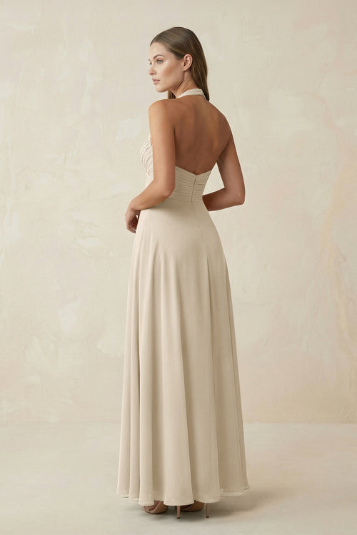 A-Line Pleated Chiffon V-Neck Mother of the Bride Dress in Champagne - Curvevia