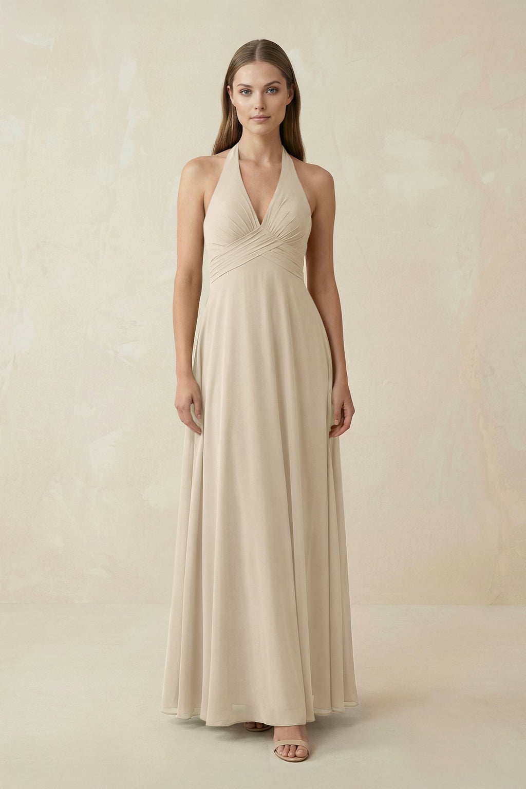 A-Line Pleated Chiffon V-Neck Mother of the Bride Dress in Champagne - Curvevia