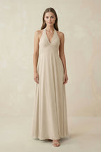 A-Line Pleated Chiffon V-Neck Mother of the Bride Dress in Champagne - Curvevia