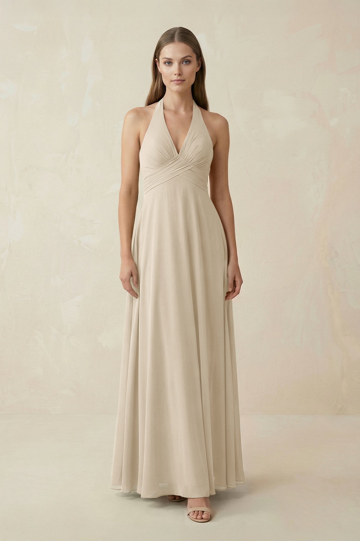 A-Line Pleated Chiffon V-Neck Mother of the Bride Dress in Champagne - Curvevia
