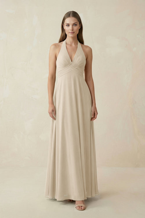 A-Line Pleated Chiffon V-Neck Mother of the Bride Dress in Champagne - Curvevia