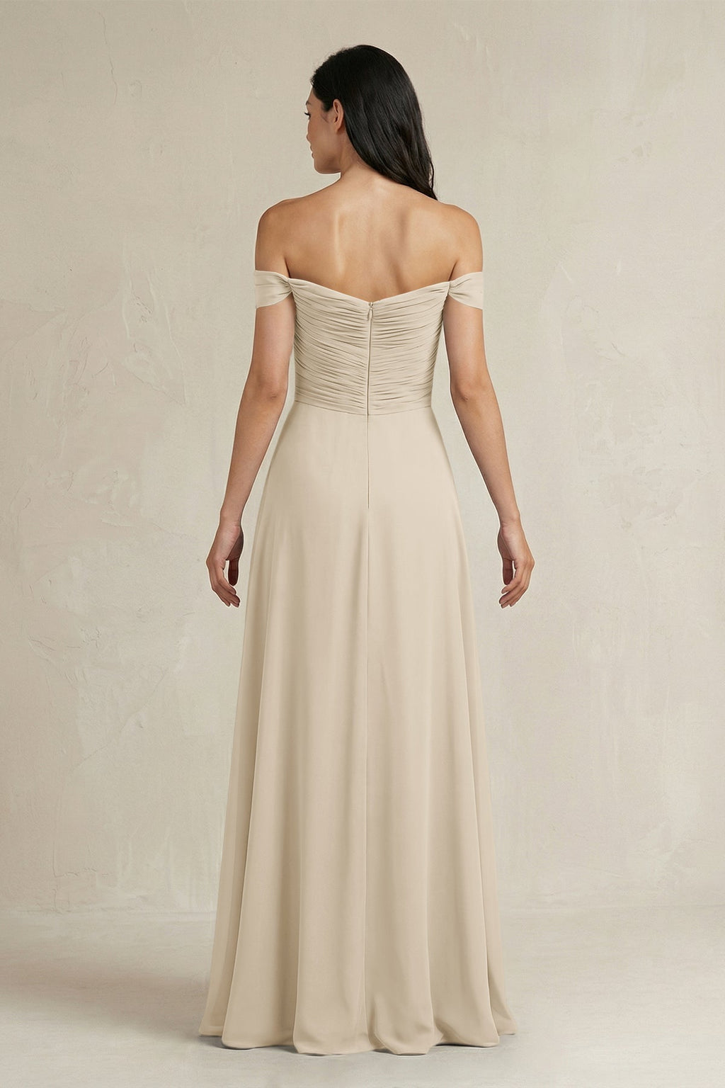 A-Line Pleated Off-the-Shoulder Chiffon Bridesmaid Dress in Champagne - Curvevia