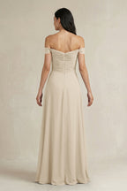 A-Line Pleated Off-the-Shoulder Chiffon Bridesmaid Dress in Champagne - Curvevia