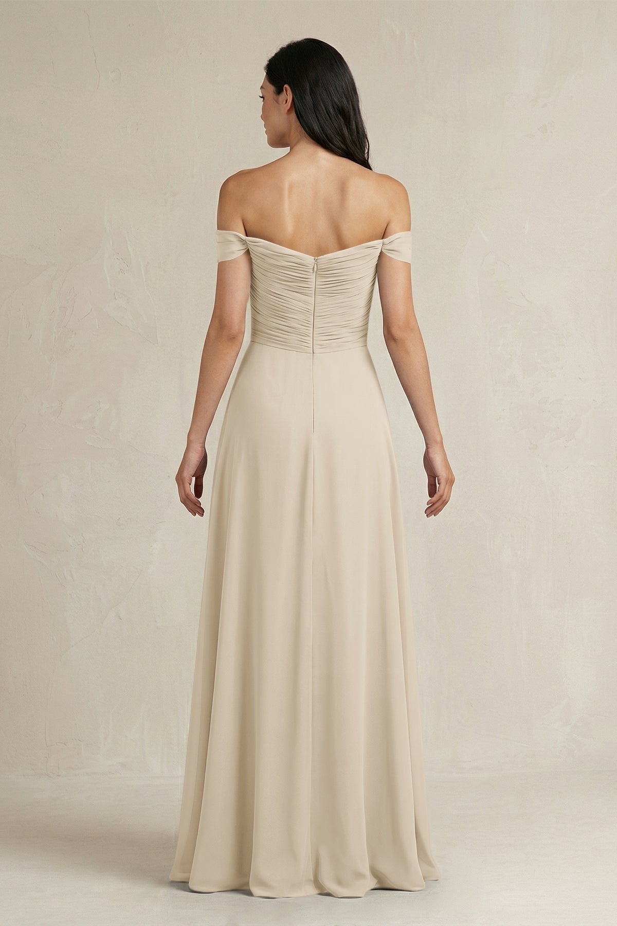 A-Line Pleated Off-the-Shoulder Chiffon Bridesmaid Dress in Champagne - Curvevia
