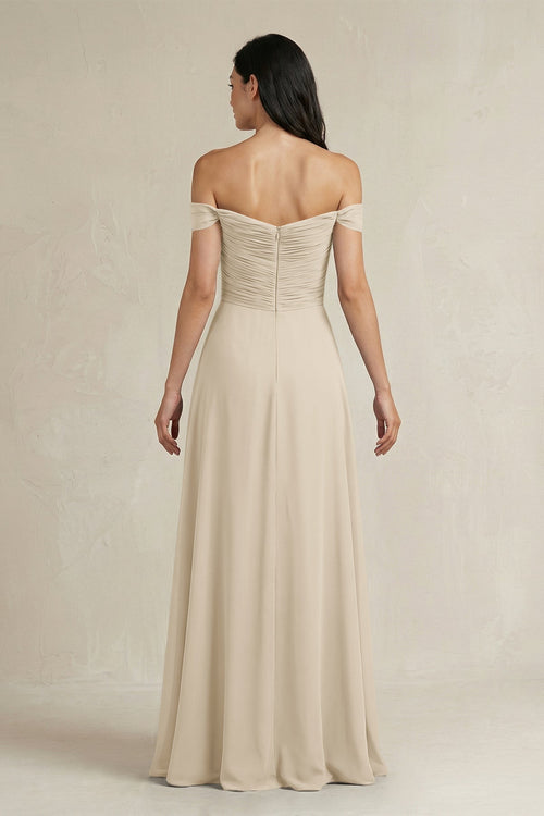 A-Line Pleated Off-the-Shoulder Chiffon Bridesmaid Dress in Champagne - Curvevia