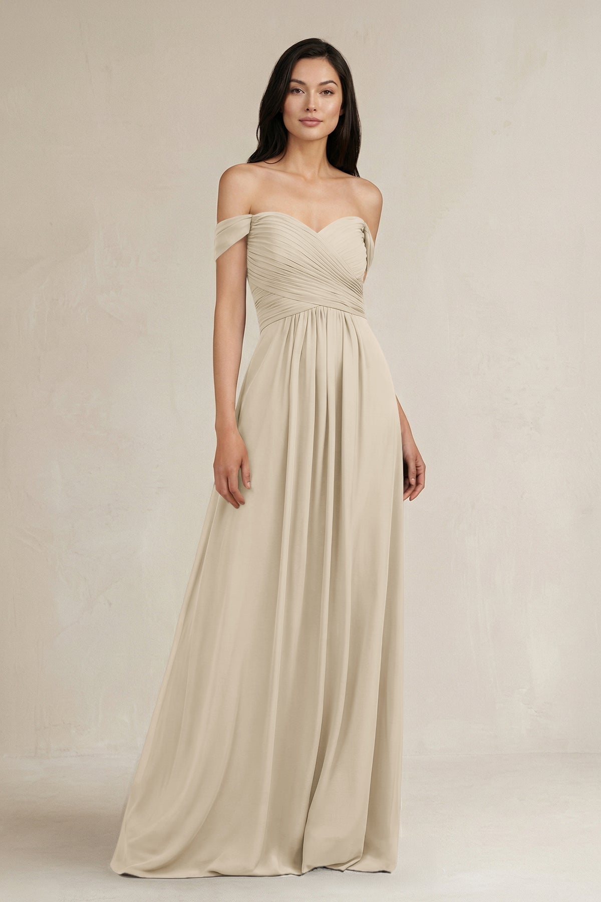A-Line Pleated Off-the-Shoulder Chiffon Bridesmaid Dress in Champagne - Curvevia