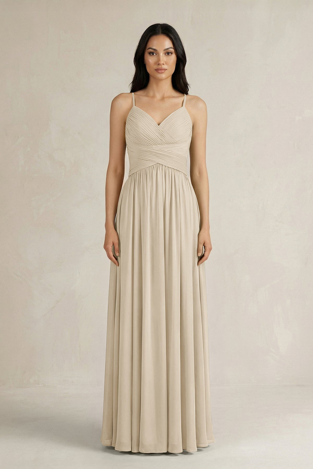 A-Line Pleated Spaghetti Strap Chiffon Bridesmaid Dress in Champagne - Curvevia