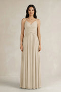 A-Line Pleated Spaghetti Strap Chiffon Bridesmaid Dress in Champagne - Curvevia