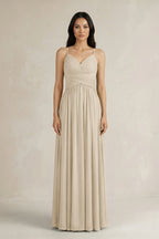 A-Line Pleated Spaghetti Strap Chiffon Bridesmaid Dress in Champagne - Curvevia