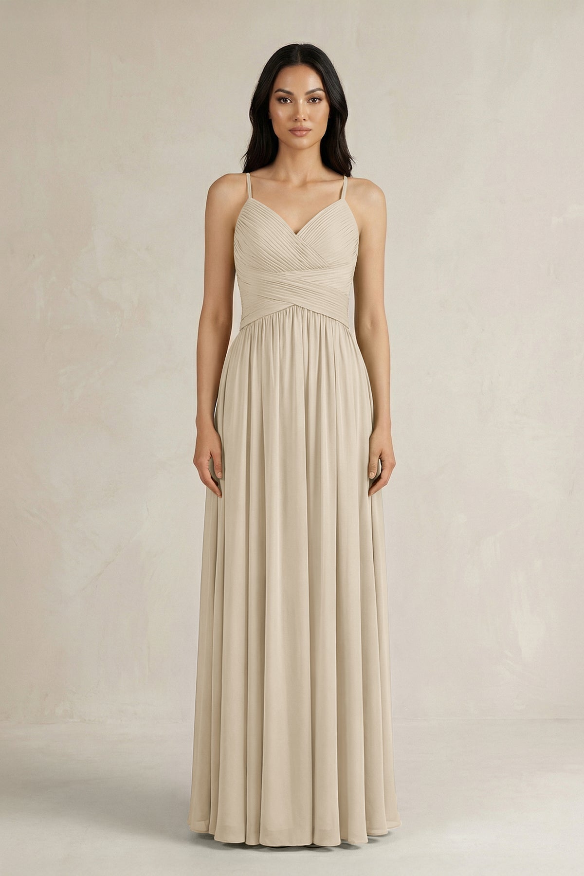 A-Line Pleated Spaghetti Strap Chiffon Bridesmaid Dress in Champagne - Curvevia