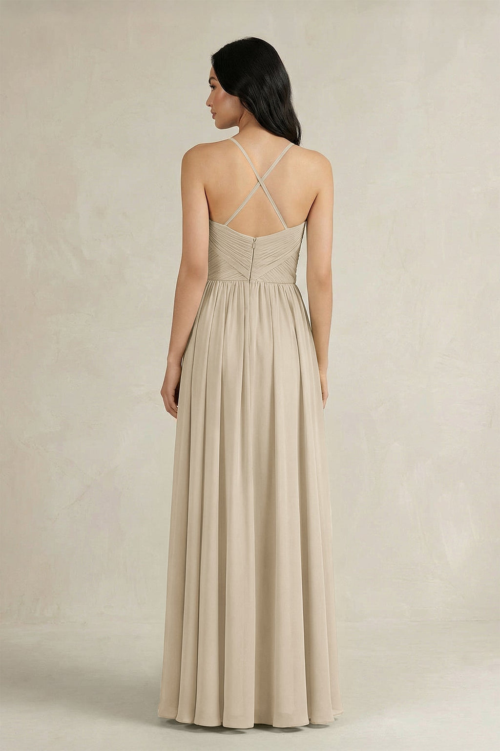 A-Line Pleated Spaghetti Strap Chiffon Bridesmaid Dress in Champagne - Curvevia