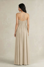 A-Line Pleated Spaghetti Strap Chiffon Bridesmaid Dress in Champagne - Curvevia