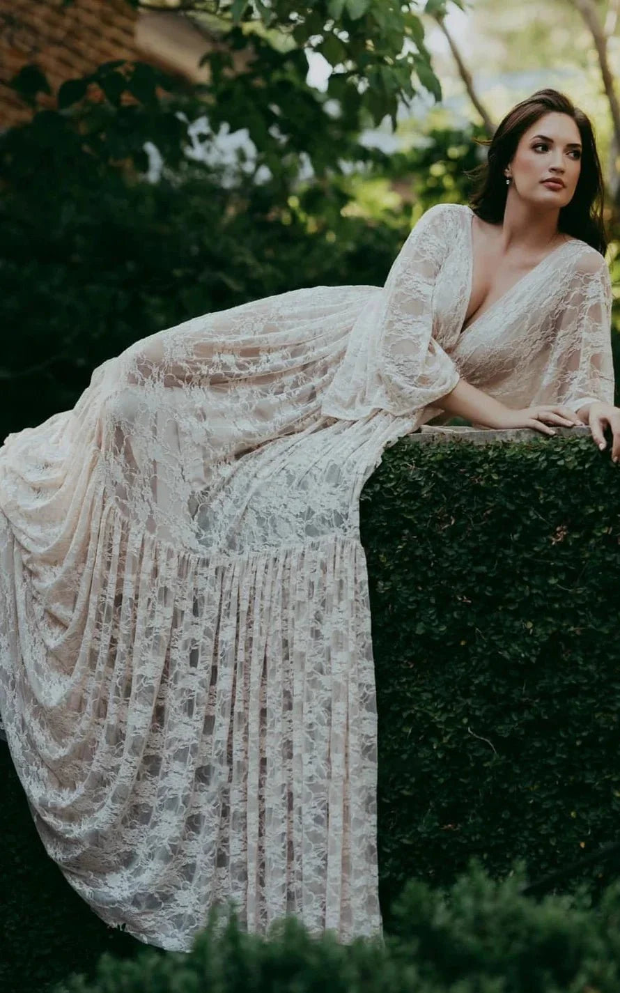 A-Line Plunging Neckline Lace Wedding Dress With Open Back - Curvevia