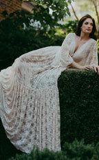 A-Line Plunging Neckline Lace Wedding Dress With Open Back - Curvevia
