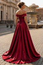 Off Shoulder Wedding Guest Dress Long Satin Formal Gowns with Slit - Curvevia
