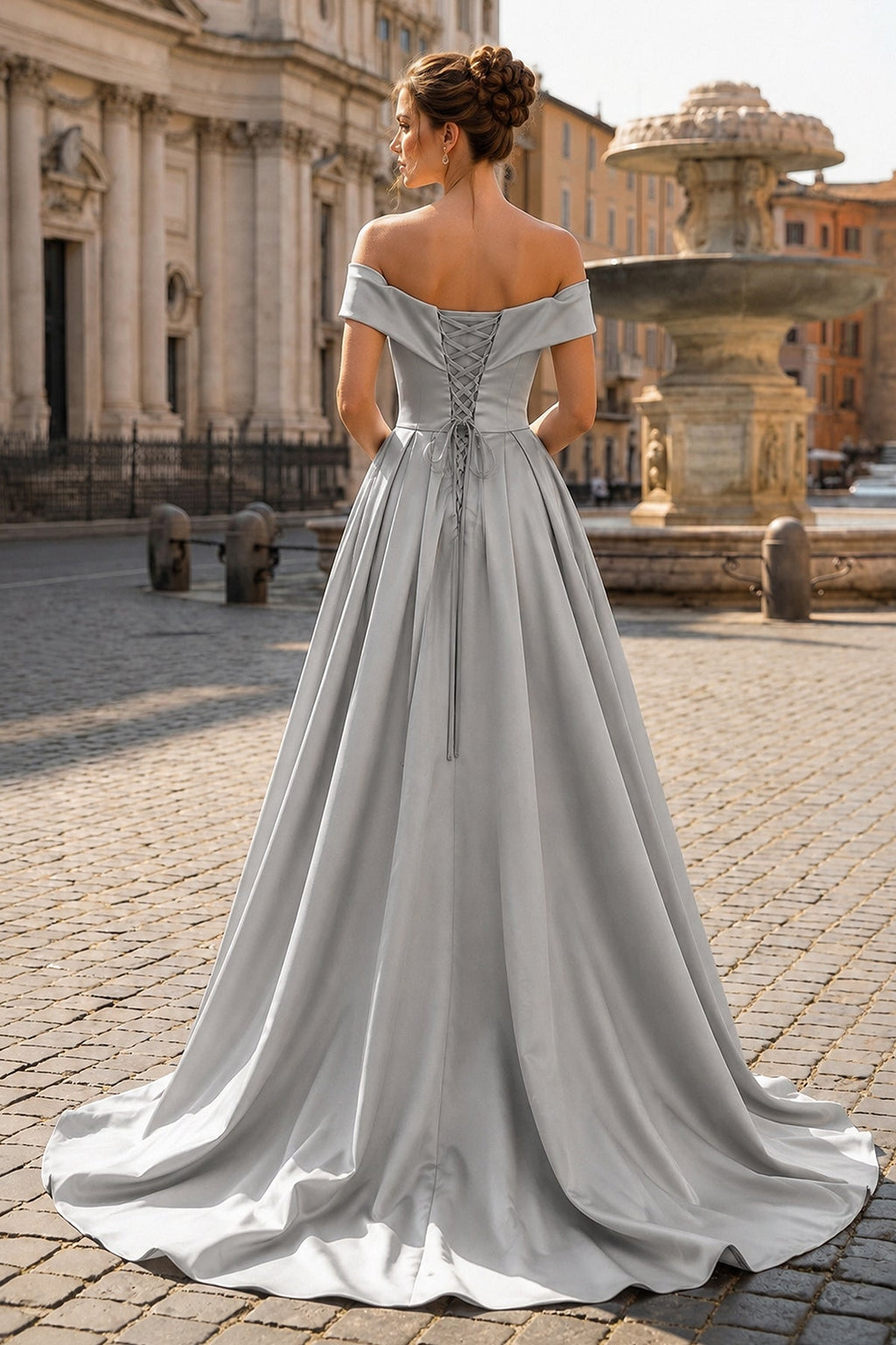 Off Shoulder Wedding Guest Dress Long Satin Formal Gowns with Slit - Curvevia