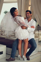 A-Line Illusion Neck Lace Applique Long Sleeves Short-Mini Wedding Dresses - Curvevia
