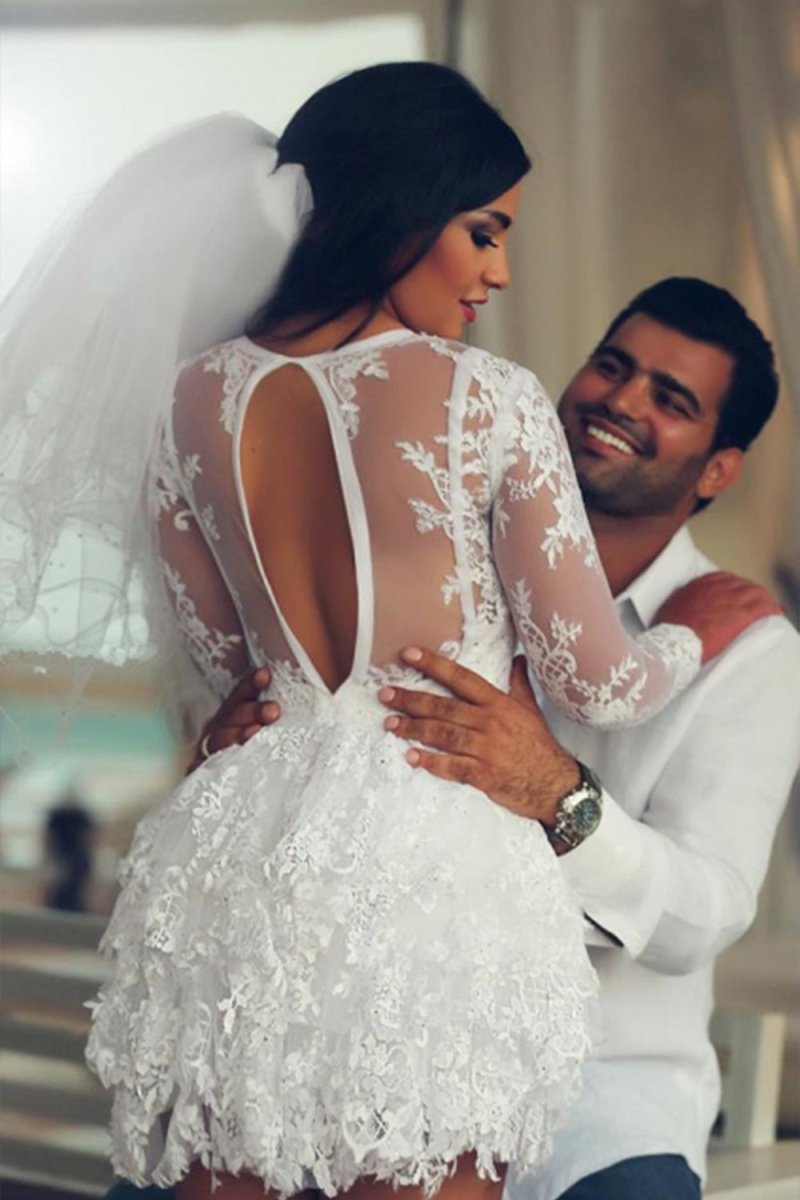 A-Line Illusion Neck Lace Applique Long Sleeves Short-Mini Wedding Dresses - Curvevia