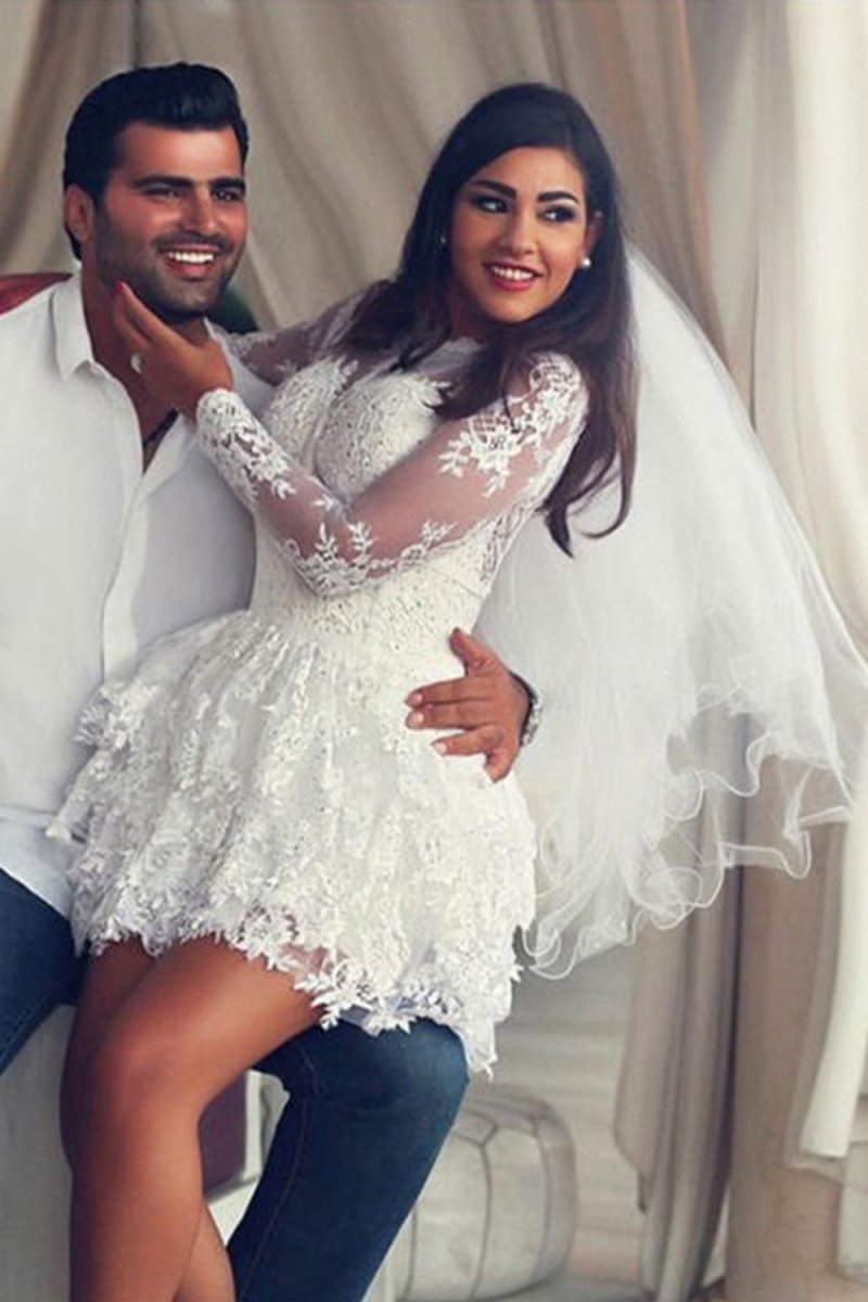 A-Line Illusion Neck Lace Applique Long Sleeves Short-Mini Wedding Dresses - Curvevia