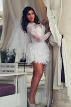 A-Line Illusion Neck Lace Applique Long Sleeves Short-Mini Wedding Dresses - Curvevia