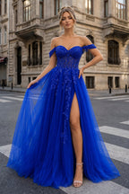 A Line Off the Shoulder Lace Tulle Prom Dress With Slit - Curvevia
