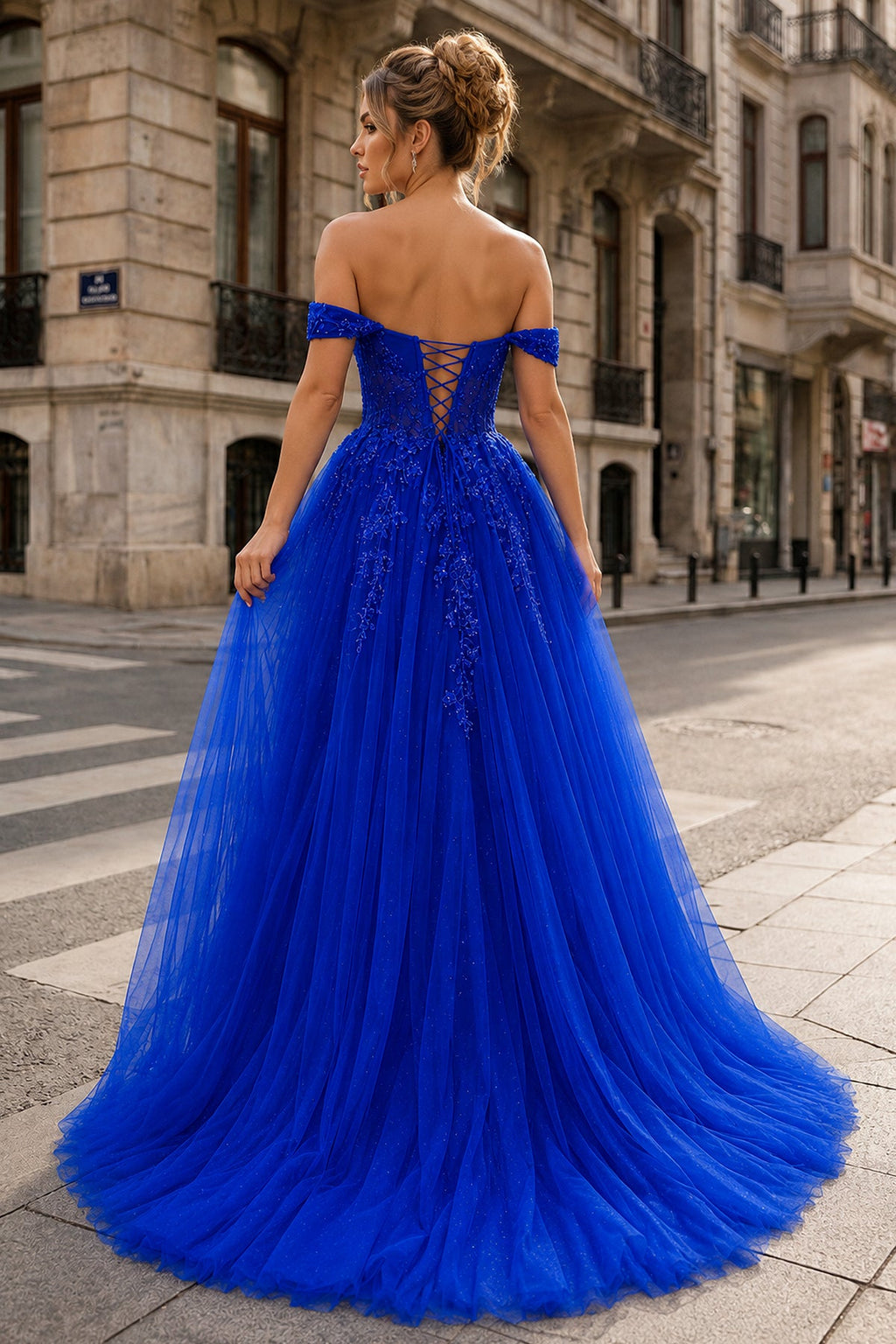 A Line Off the Shoulder Lace Tulle Prom Dress With Slit - Curvevia