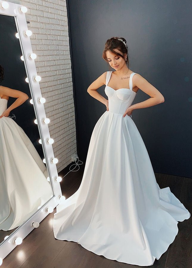 A-line Off-the-Shoulder Sleeveless Satin Simple Bride Wedding Dress - Curvevia