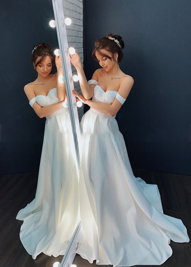 A-line Off-the-Shoulder Sleeveless Satin Simple Bride Wedding Dress - Curvevia