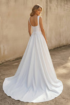 A-line Off-the-Shoulder Sleeveless Satin Simple Bride Wedding Dress - Curvevia