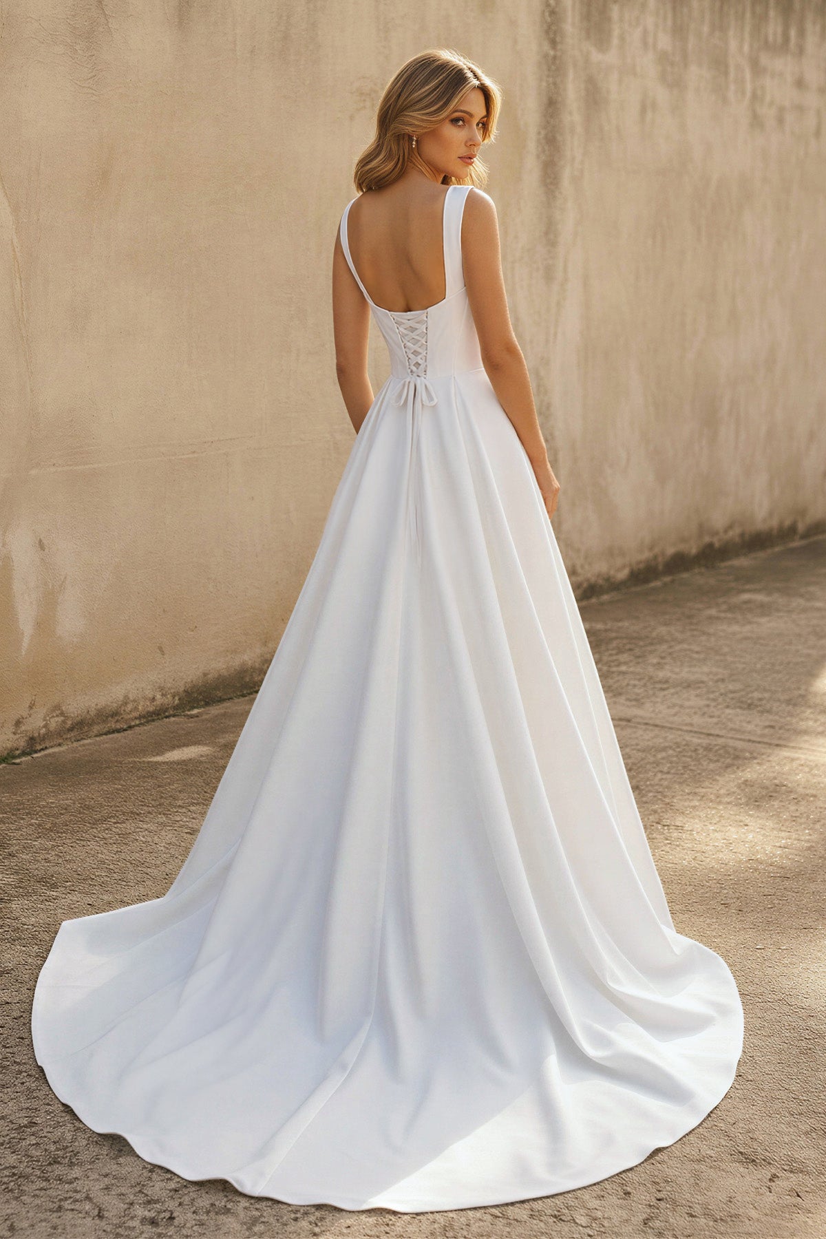 A-line Off-the-Shoulder Sleeveless Satin Simple Bride Wedding Dress - Curvevia