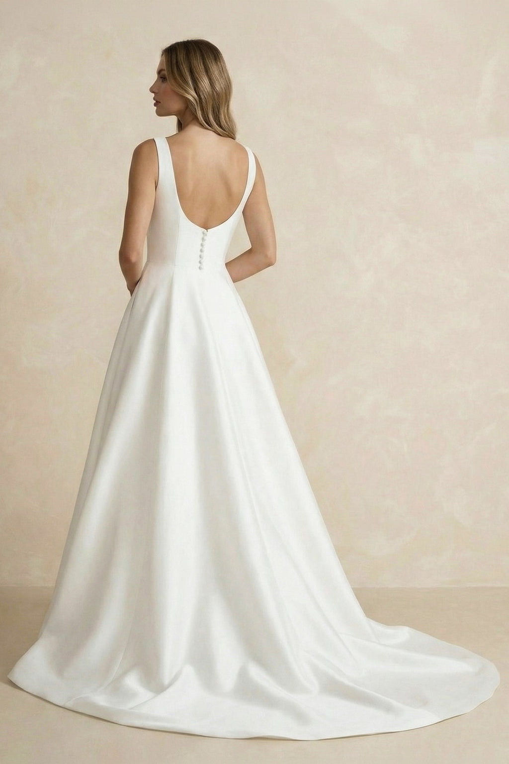 Simple A-Line Square Neck White Satin Wedding Dresses - Curvevia