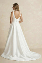 Simple A-Line Square Neck White Satin Wedding Dresses - Curvevia