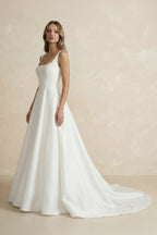 Simple A-Line Square Neck White Satin Wedding Dresses - Curvevia