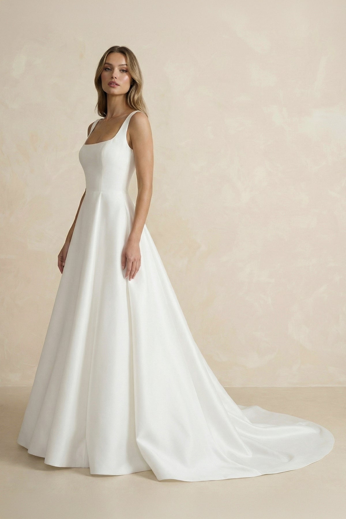 Simple A-Line Square Neck White Satin Wedding Dresses - Curvevia