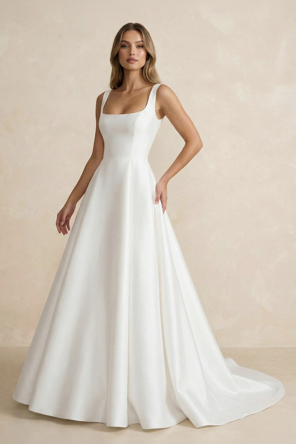 Simple A-Line Square Neck White Satin Wedding Dresses - Curvevia