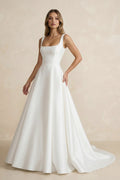 Simple A-Line Square Neck White Satin Wedding Dresses - Curvevia