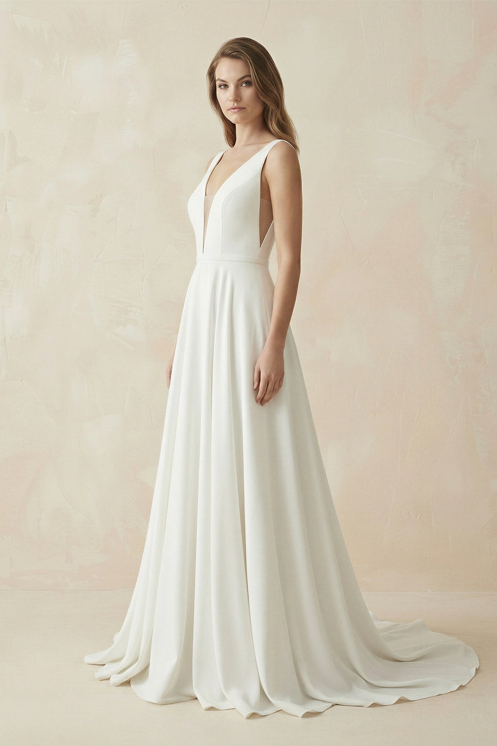 A-Line Plunging V-Neck Satin Wedding Dress - Curvevia