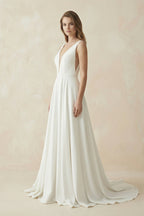 A-Line Plunging V-Neck Satin Wedding Dress - Curvevia