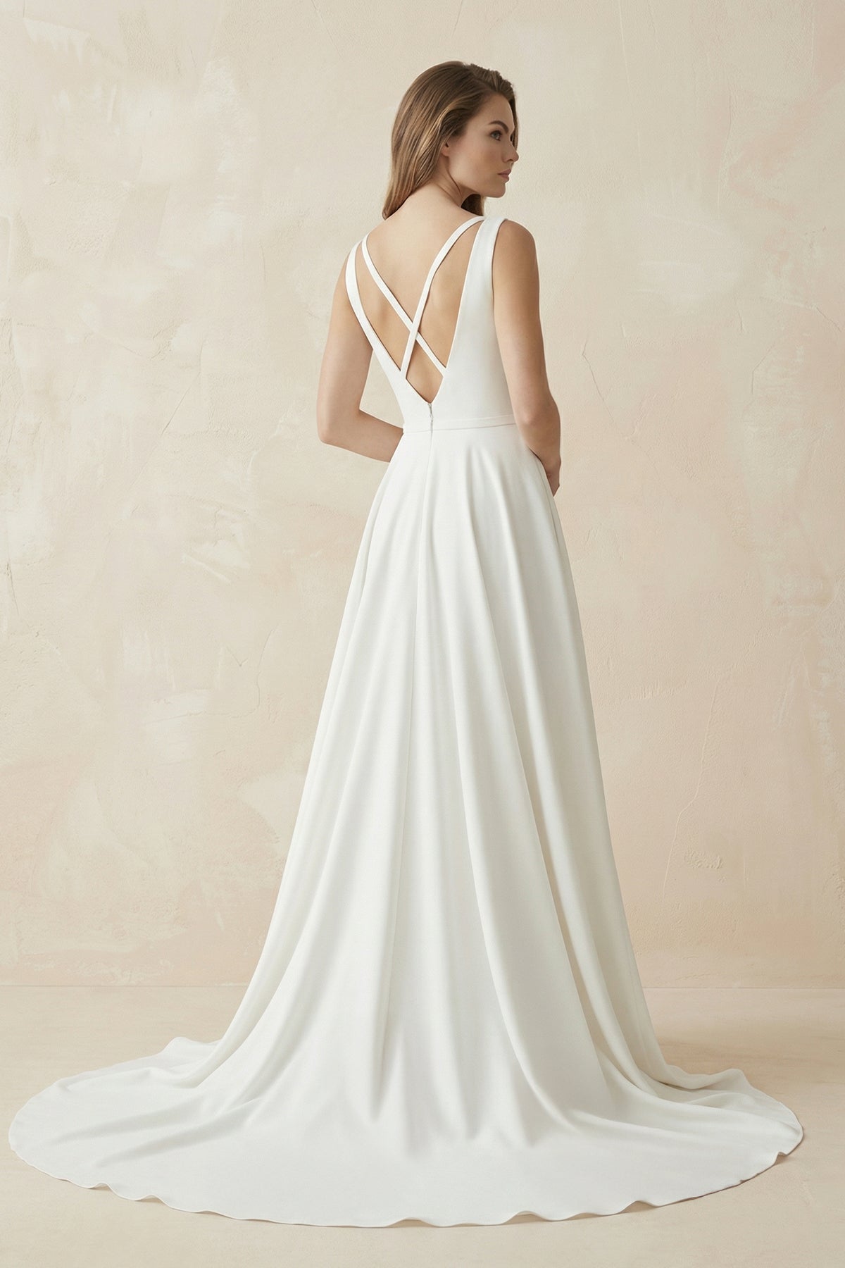 A-Line Plunging V-Neck Satin Wedding Dress - Curvevia