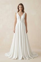 A-Line Plunging V-Neck Satin Wedding Dress - Curvevia