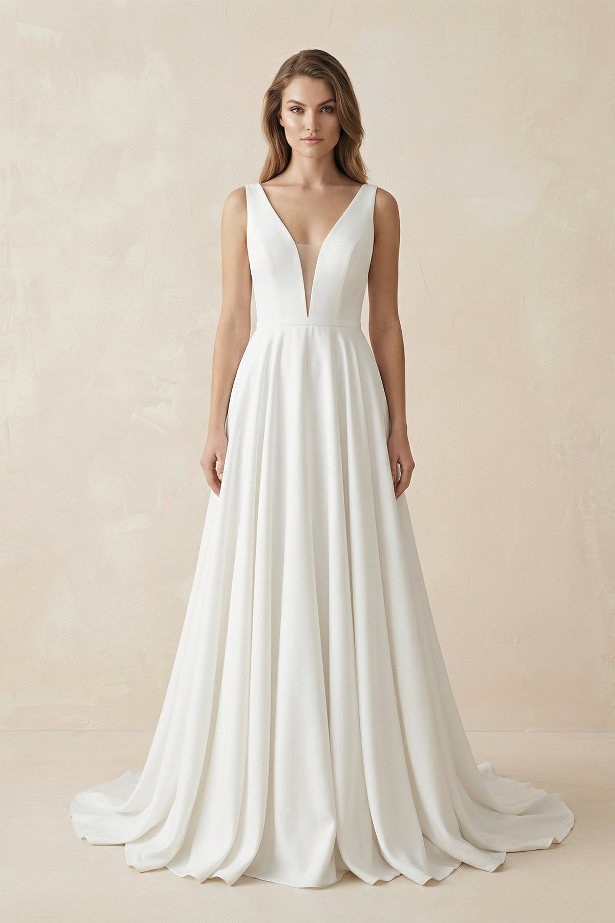 A-Line Plunging V-Neck Satin Wedding Dress - Curvevia