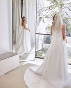 A-Line White Sleeveless Satin Wedding Dress With Side Slit - Curvevia
