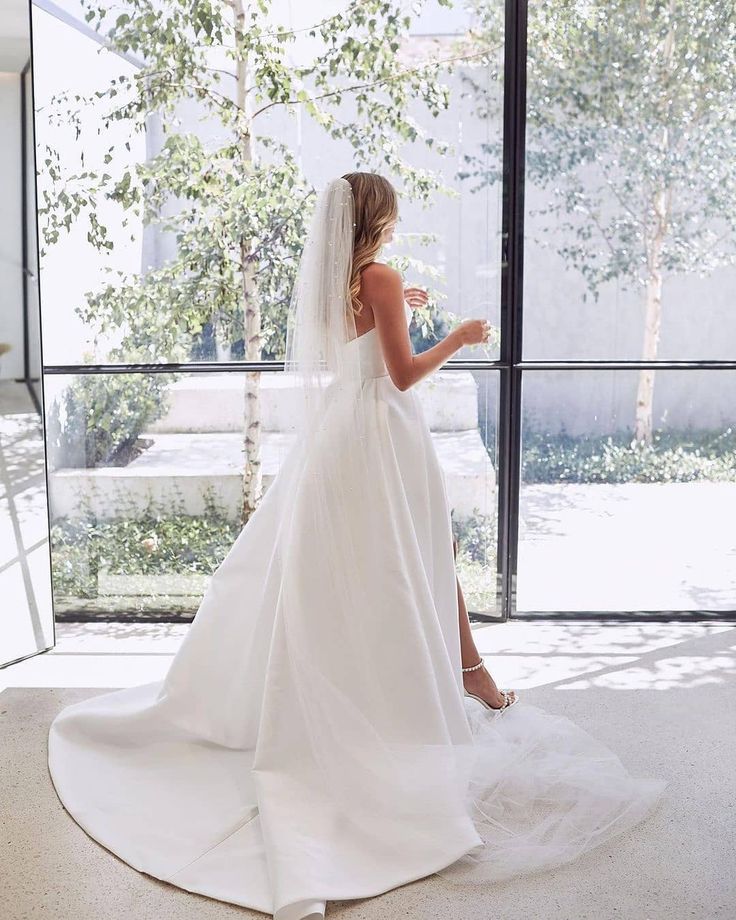 A-Line White Sleeveless Satin Wedding Dress With Side Slit - Curvevia