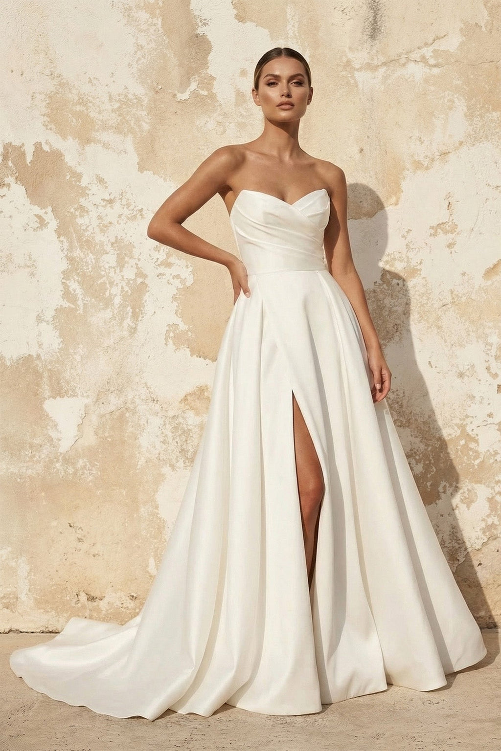 A-Line White Sleeveless Satin Wedding Dress With Side Slit - Curvevia