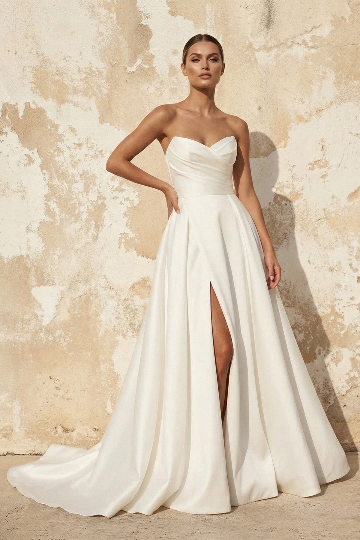 A-Line White Sleeveless Satin Wedding Dress With Side Slit - Curvevia