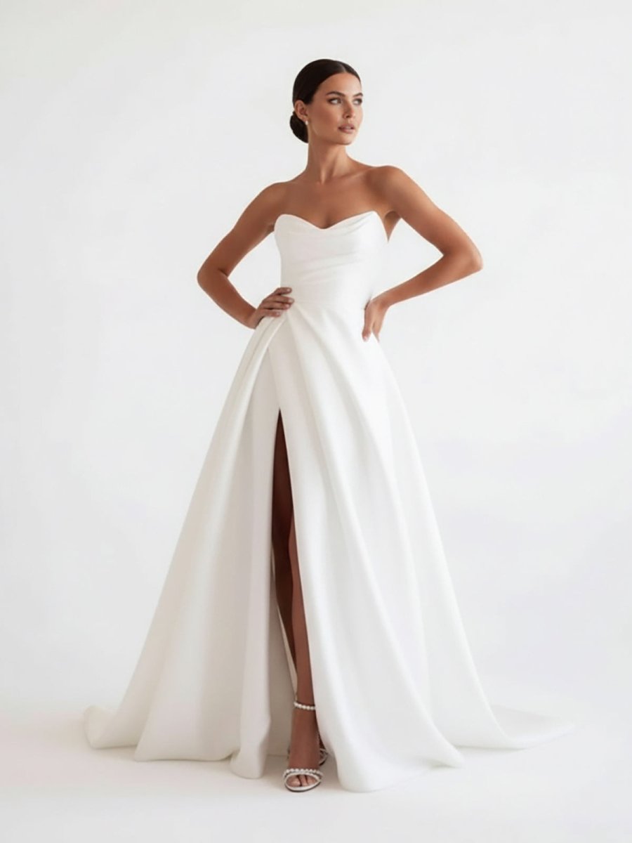 A-Line White Sleeveless Satin Wedding Dress With Side Slit - Curvevia