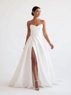 A-Line White Sleeveless Satin Wedding Dress With Side Slit - Curvevia
