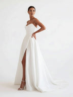 A-Line White Sleeveless Satin Wedding Dress With Side Slit - Curvevia