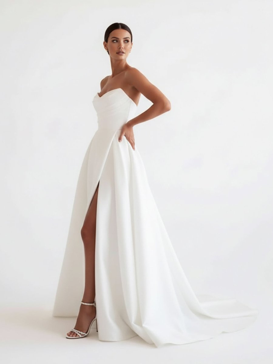 A-Line White Sleeveless Satin Wedding Dress With Side Slit - Curvevia