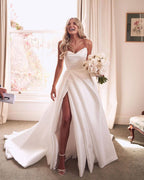 A-Line White Sleeveless Satin Wedding Dress With Side Slit - Curvevia